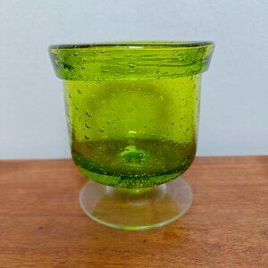 Vintage Hand Blown Art Glass Green Bubble Footed Small Vase Candle Holder